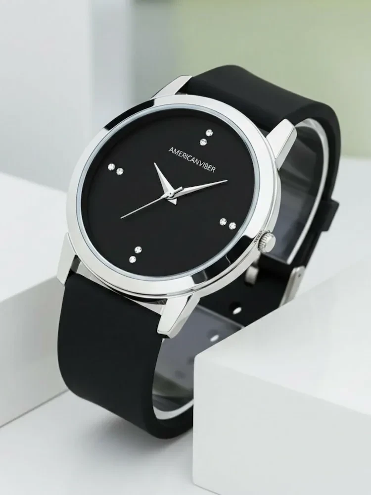 Americanviber DRM0013 Round Silicone Smooth Black Belt Analog Watch - For Men