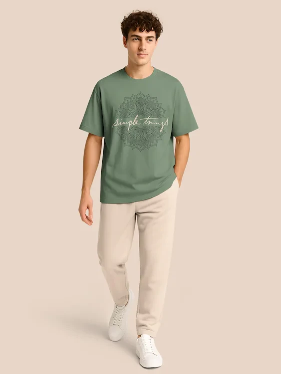 BULLMER Trendy Olive Half Sleeve Oversized Cotton Blend Crew Neck Tshirt for Men | Non Returnable