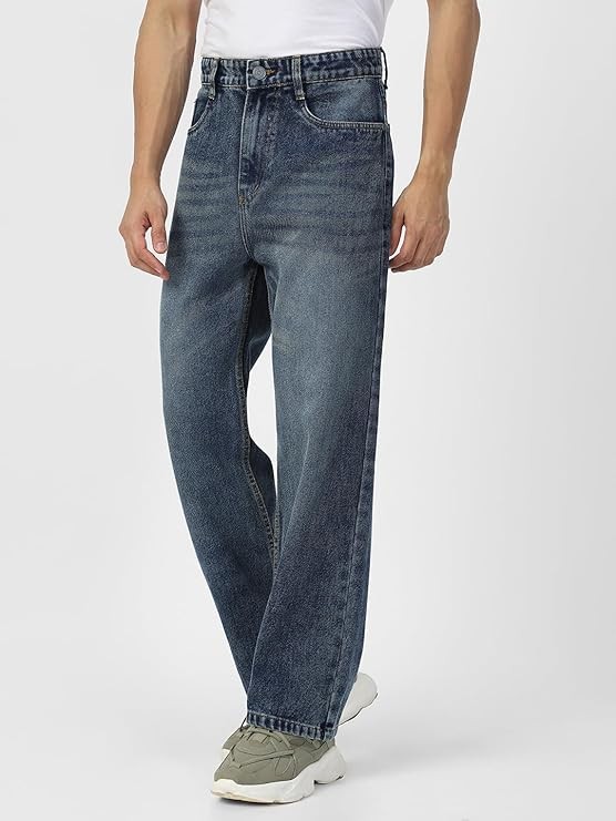 Urbano Fashion Men's Loose Mid Rise Baggy Fit Washed Jeans Non-Stretchable
