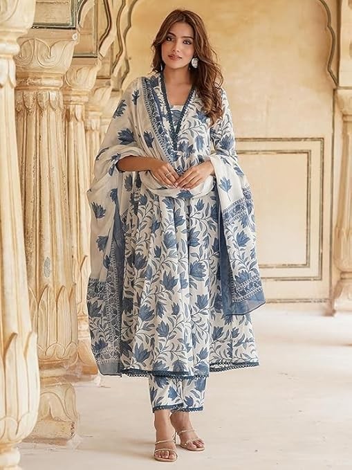 PARTHVI Women's Printed Anarkali Kurta With Palazzo & Dupatta Set