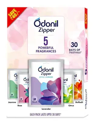 Odonil Bathroom Air Freshener Zipper 5 Qty (10g x 5) | Assorted Pack | Instant & Long Lasting Fragrance | Lasts upto 30 days | Germ Protection | Air Freshener for Bathroom, Toilet, Home & Office
