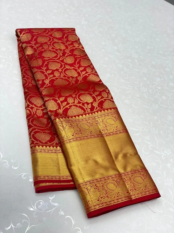 Om Shantam Sarees Red Woven, Self Design Banarasi Soft Silk, Jacquard Saree