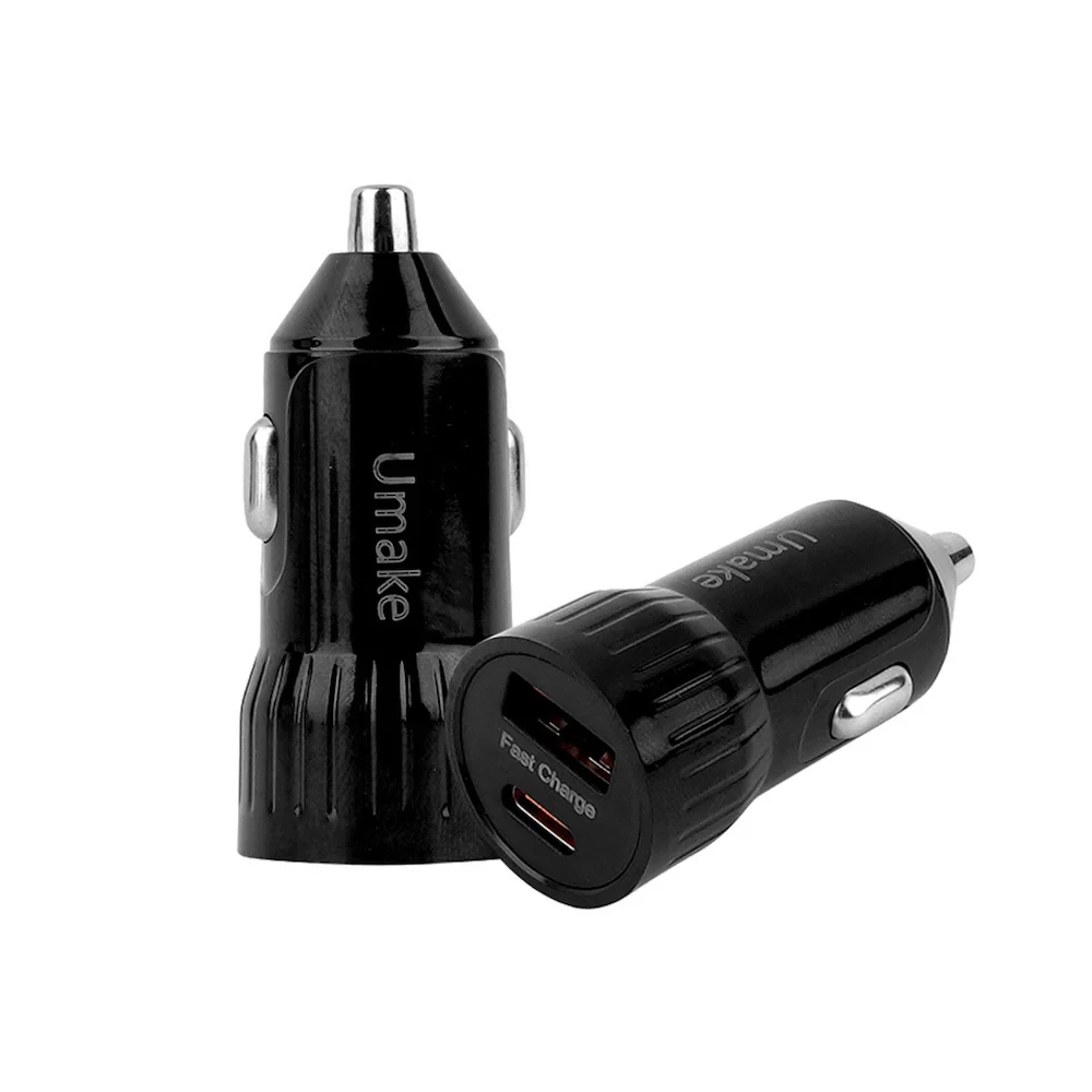 Umake 165W Mini Fast Car Charger | Dual port Type-C PD + USB-A Quick Charge Adapter | Ultra-Compact Car Plug Compatible for iPhone, Android & All Smartphones - Black | 6 Months Warranty