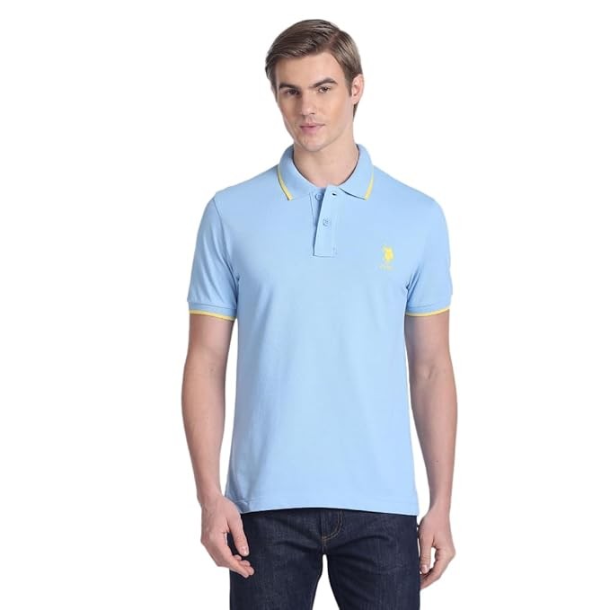 U.S. Polo ASSN. Slim Fit Solid Polo T-Shirt for Men, Tipped Collar - Half Sleeves Casual Mens Tshirt