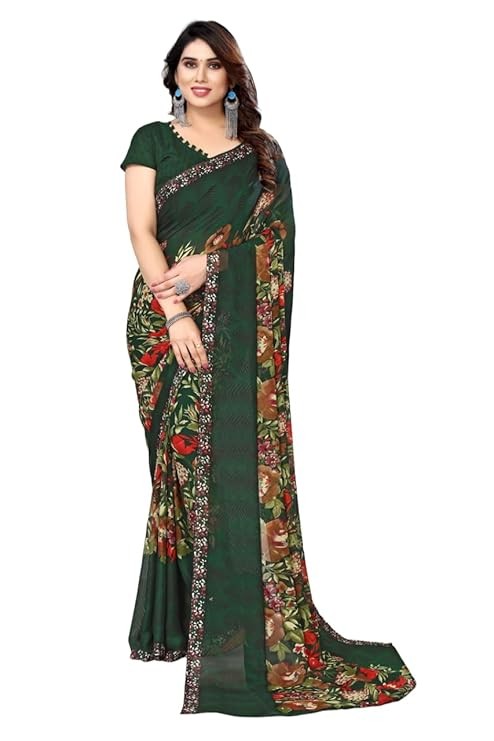 Yashika Women's Printed Trendy Georgette Green Color Saree With Blouse Material