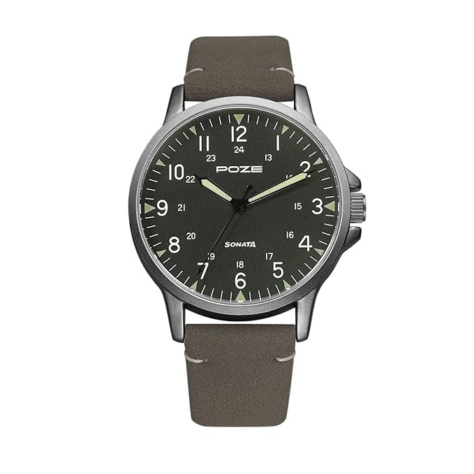 Sonata Poze Quartz Analog Grey Dial PU Leather Strap Watch for Men-SP70011QL01W