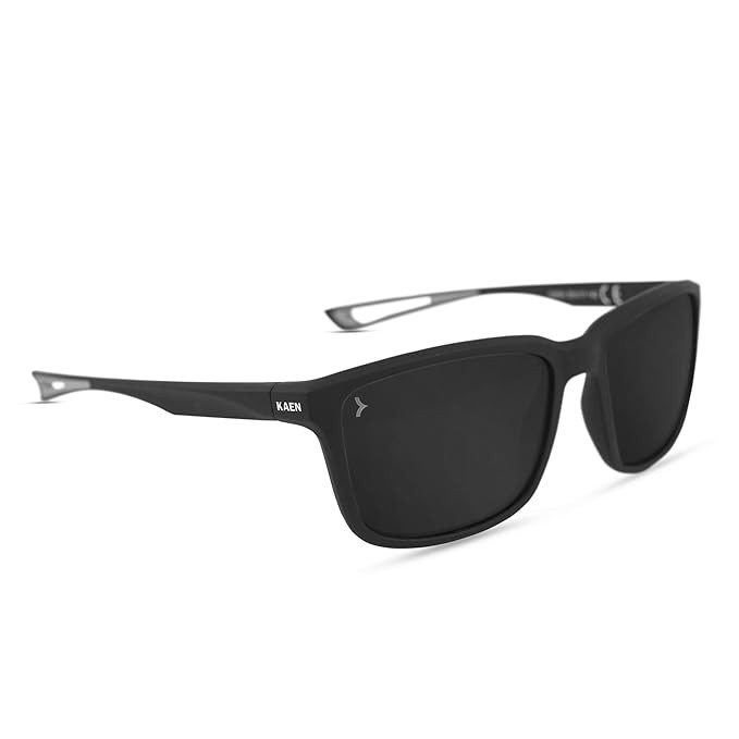 Eyewearlabs KAEN | Polarized Full Rim Sports Rectangular Branded Stylish Sunglasses For Men & Women | 100% UV Protection Shades | Cricket Sports Cycling Driving | Black Lens | Medium