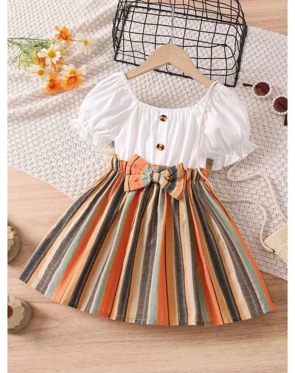 Tior Toddler Girls Striped Print Puff Sleeve Bow Front Dress Dresses & Frocks Kids Wear | Girls Dress | Kids Dress | Frock | Frock Girls | Girls Frock | Dresses For Girls | Kids Girl Dress | Frock For