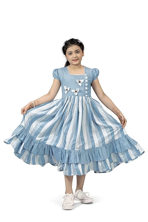Fashion Dream Girl's Cotton Blend Printed One Piece Dress|Western Casual Calf Frock for Kids