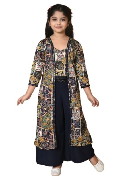 Girls Self Designed Premium Cotton Blend Top Pant Jacket | 3pcs Party Dress for Girls I V Neck Stylish Sleeve Design Dress for Birthday Girl
