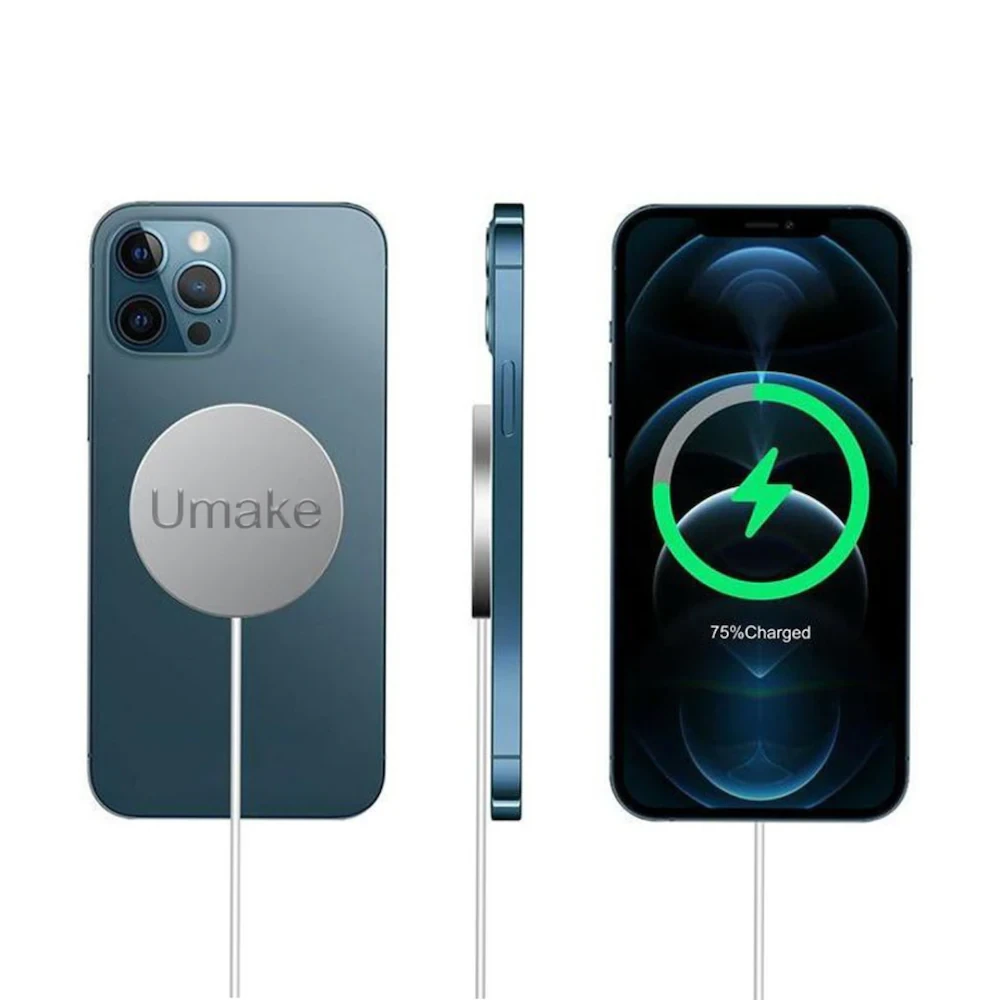UMAKE Magnetic Wireless Charger 15W with Type-C Fast Charging, Compatible with Qi Devices Including iPhone 15/14/13/12, Samsung | Stylish White Pad for Quick, Safe, Wire-Free Charging | 6 Months Warra