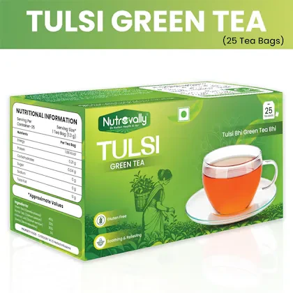 Nutrovally Green Tea With Tulsi | Refreshing & Detoxify Natural Leaves | Loaded with Anti-Oxidants Rich | Green Tea bags-25Pcs