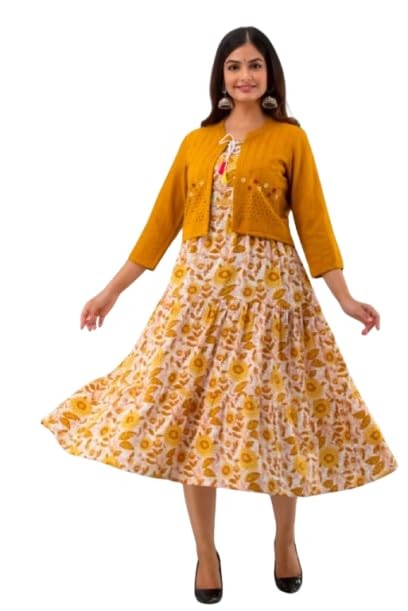 Women's Pure Cotton Anarkali Gown Kurta with Floral Print & Embroidered Jacket | Ethnic Long Dress for Women | Festive Cotton Kurti Set (in, Alpha, L, Orange)