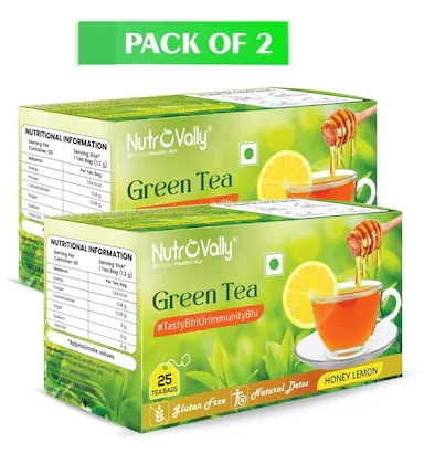 NutroVally Lemon Honey Flavored Green Tea | Premium & Detox Refreshing Tea | Honey Lemon Green Tea Bags 25 Pcs + 25 Pcs |100% Natural Leaves Green Tea Bags 50 PCS