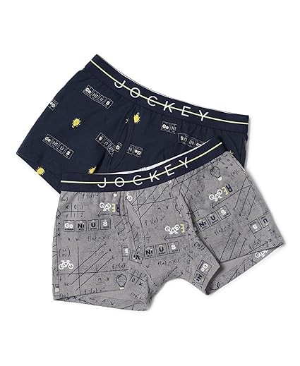 Jockey NB02 Boy's Super Combed Cotton Elastane Stretch Printed Trunk with Front Open Fly and Ultrasoft Waistband (Pack of 2_Colors & Prints May Vary)