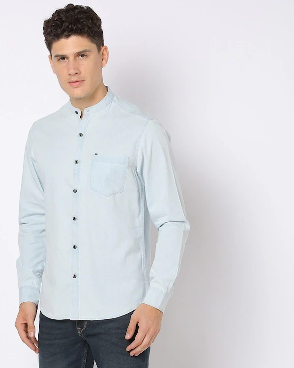 Men Band-Collar Slim Fit Shirt