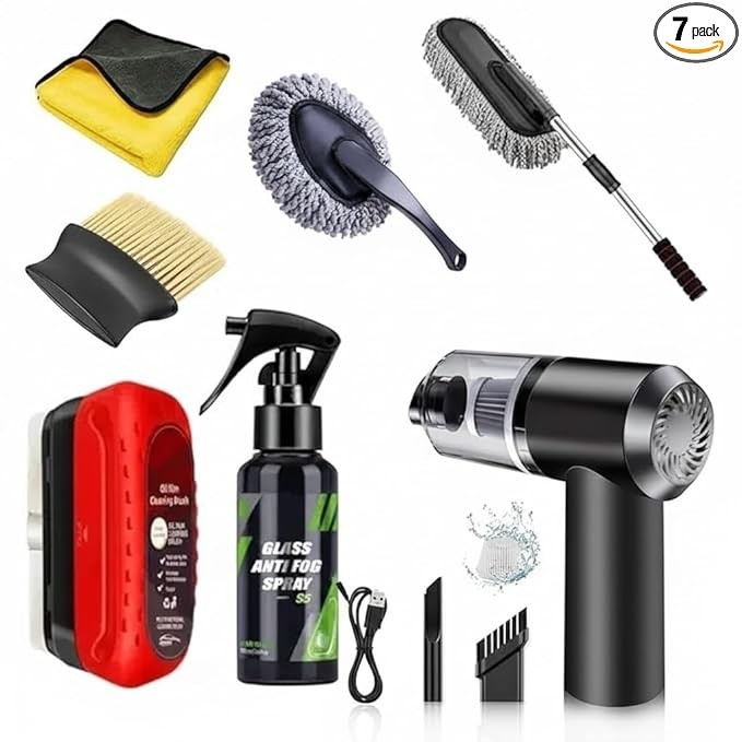 Azriel® 7 PCS Car Cleaning Kit with 3-in-1 Mini Vacuum Cleaner, Microfiber Cloth, Duster, Wheel Brush, Anti-Fog Spray & Glass Cleaning Tools (7 in 1 Car Combo)